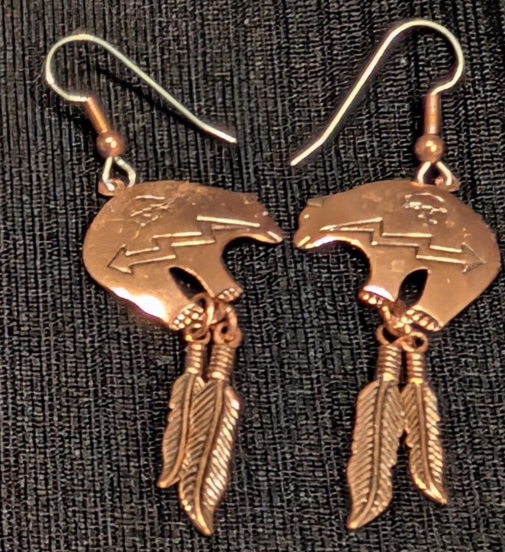 Copper Hopi Bear Dangle Earrings 2.5” Total Length Native American